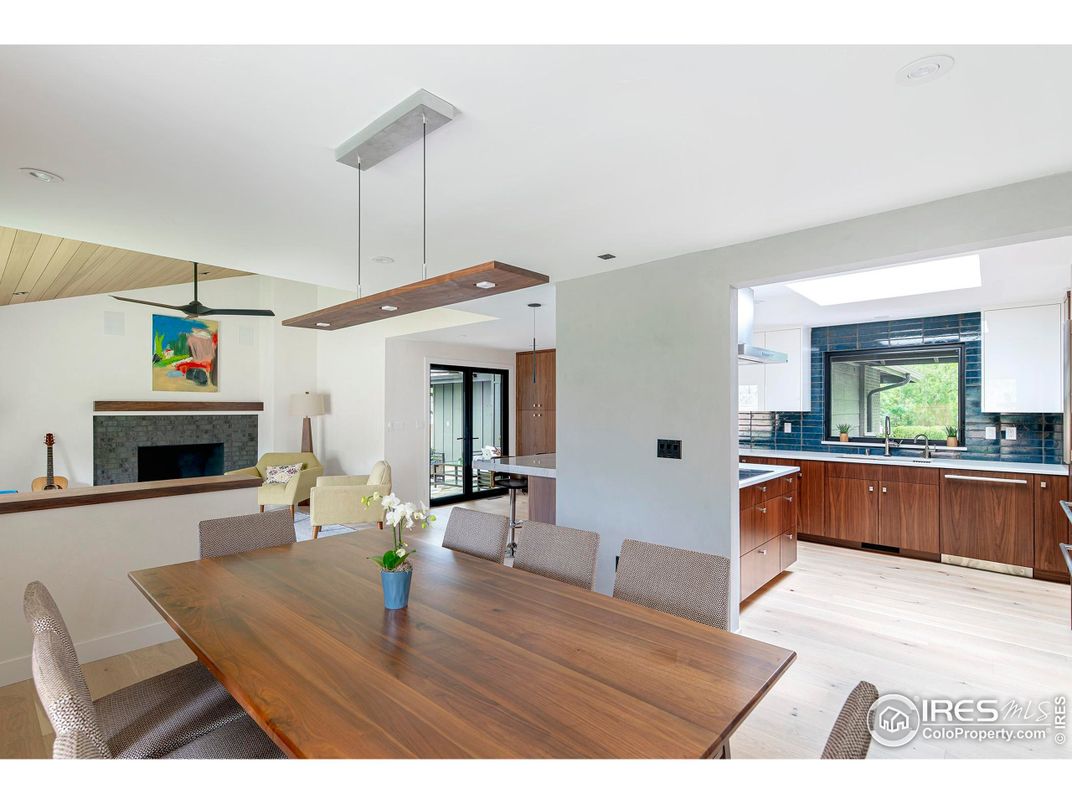 Dining room, Fireplace, Interior, Kitchen, Living room, Pendant Lights, Recessed Lighting, Wood Texture Flooring