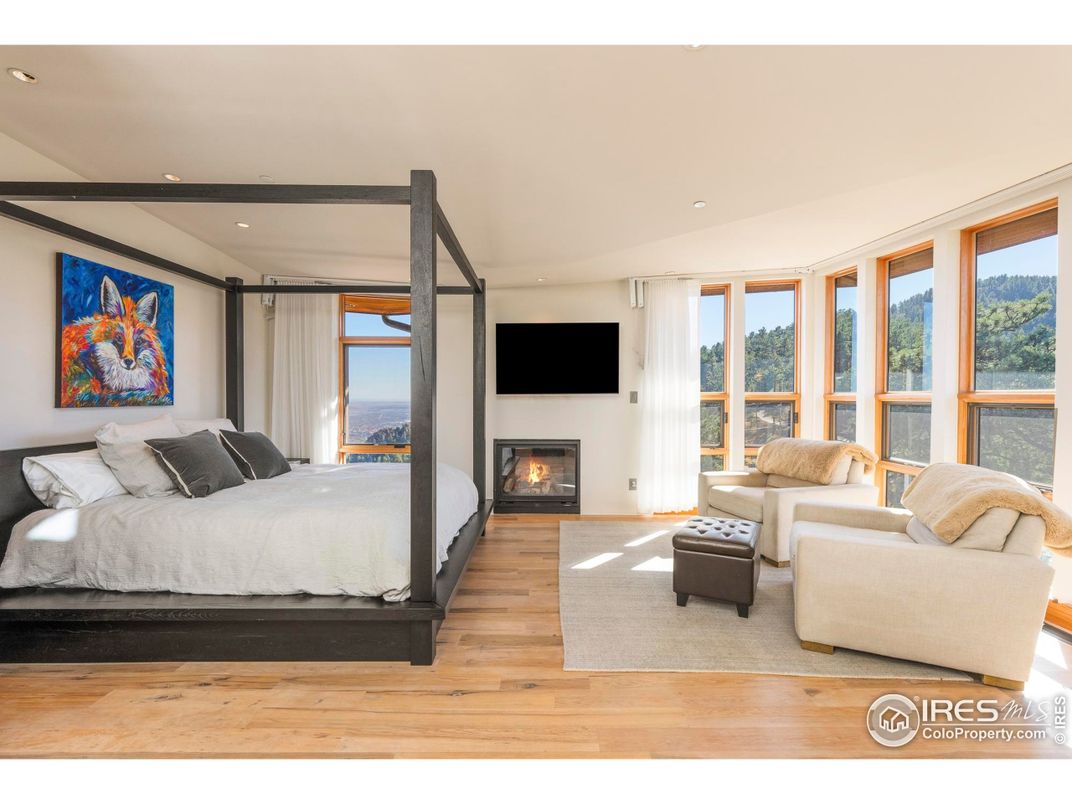 Bedroom, Fireplace, Interior, Recessed Lighting, Wood Texture Flooring