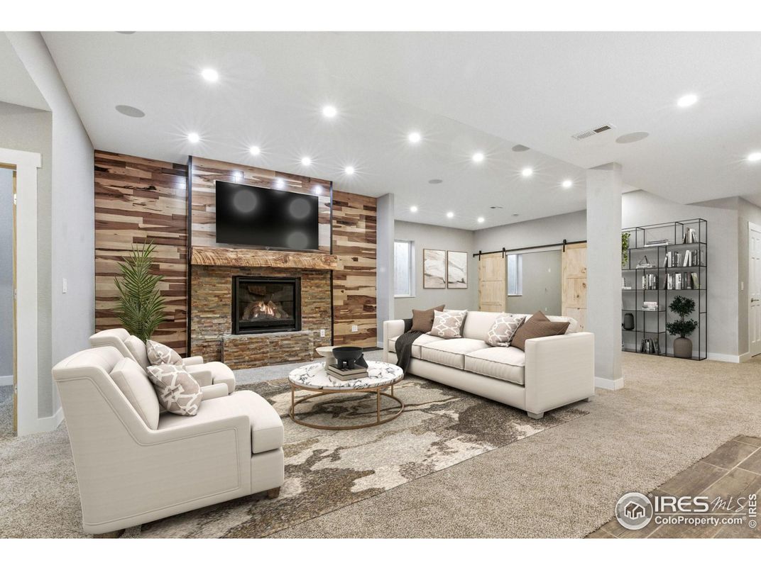 Fireplace, Interior, Living room, Recessed Lighting, Wooden Walls