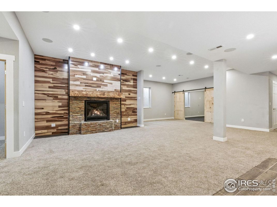 Empty room, Fireplace, Interior, Recessed Lighting, Wooden Walls