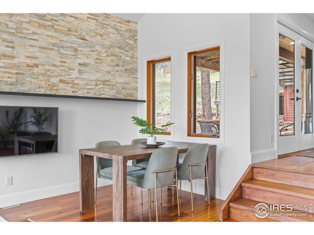 Dining room, Interior, Stone Walls, Wood Texture Flooring