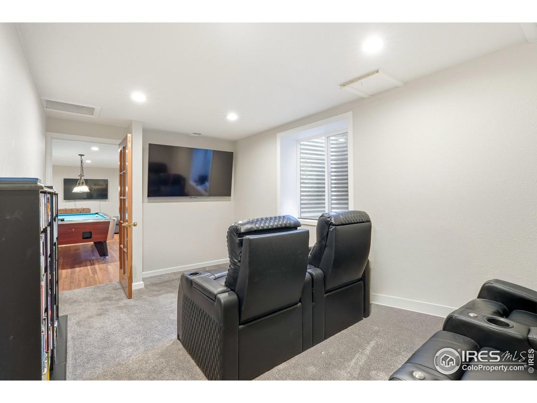 Billiard Table, Home Theatre Room, Game Room, Interior, Pendant Lights, Recessed Lighting, Wood Texture Flooring