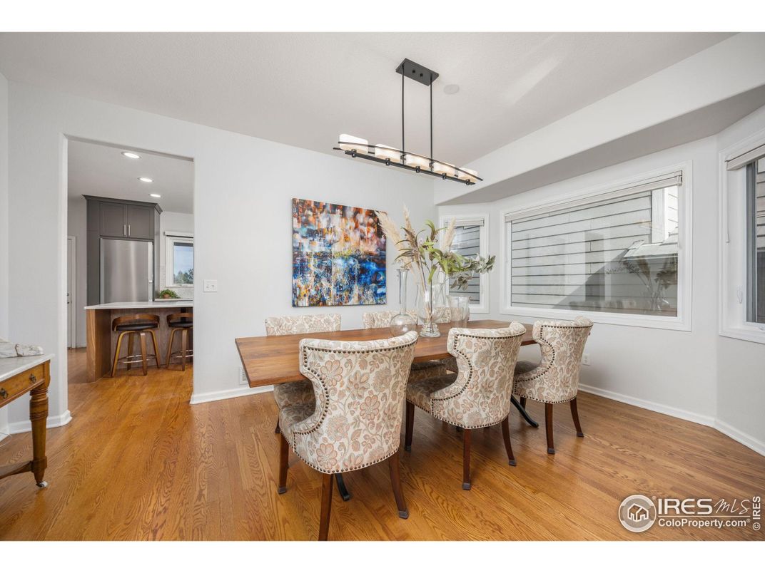 Dining room, Interior, Kitchen, Pendant Lights, Recessed Lighting, Wood Texture Flooring