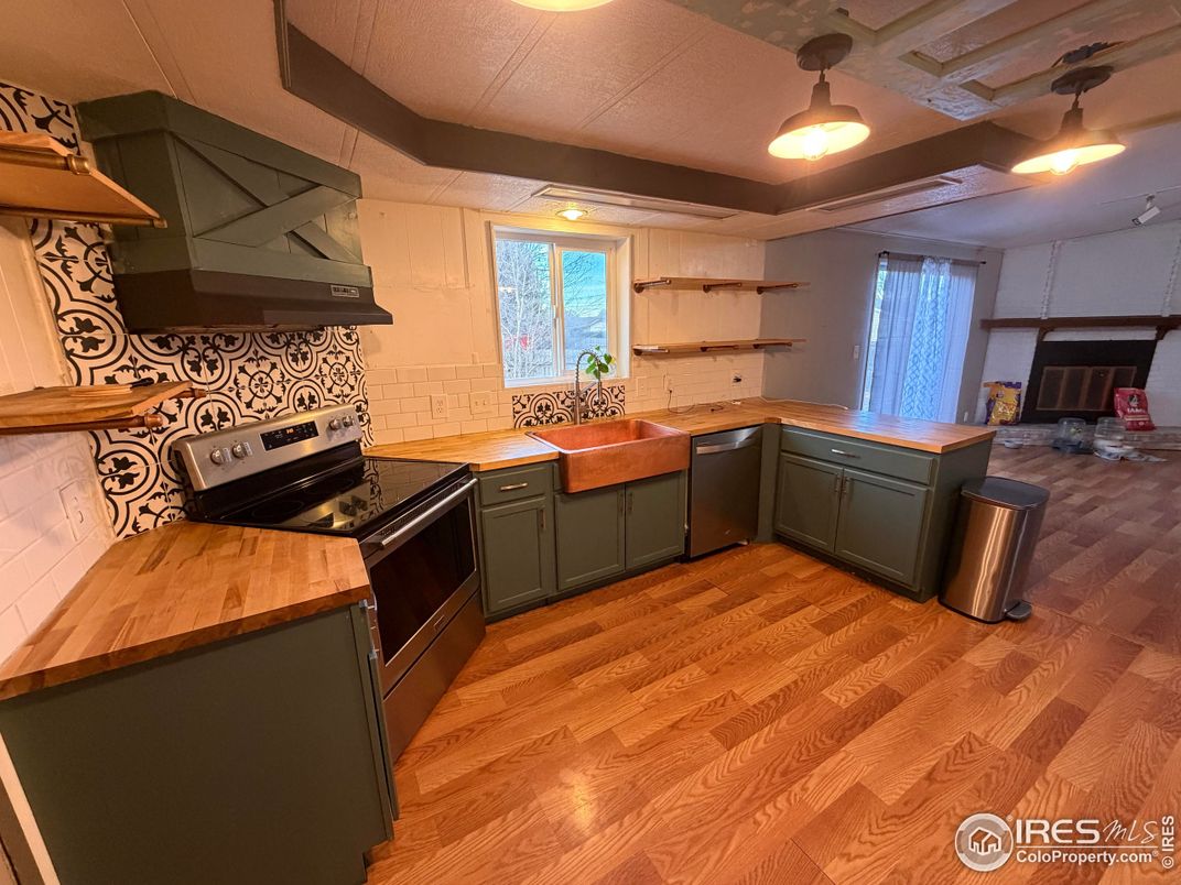 Interior, Kitchen, Pendant Lights, Stainless Steel Appliances, Wood Texture Flooring