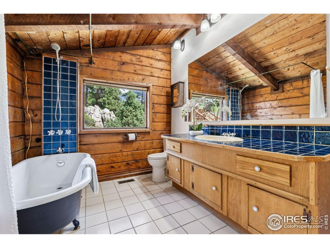 Bathroom, Free Standing Baths, Interior, Tile Countertops, Wooden Beams, Wooden Ceilings, Wooden Walls
