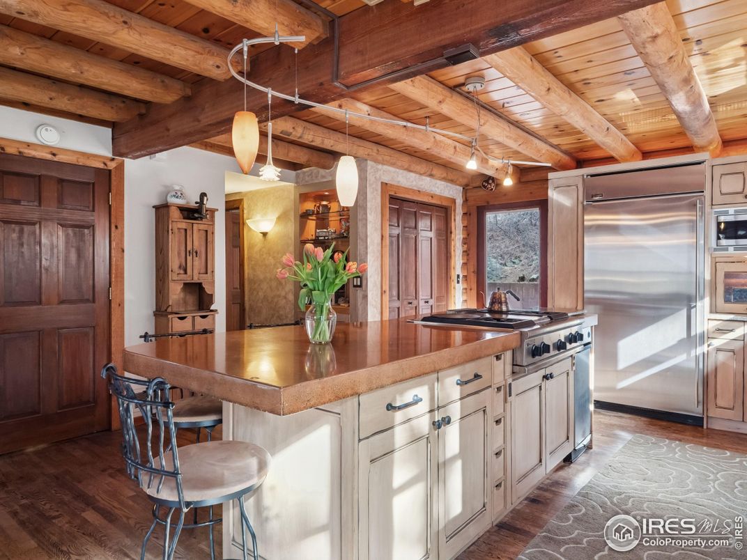 Interior, Kitchen, Pendant Lights, Stainless Steel Appliances, Wooden Beams, Wooden Ceilings, Wood Texture Flooring