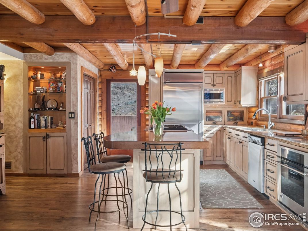 Interior, Kitchen, Pendant Lights, Stainless Steel Appliances, Wooden Beams, Wooden Ceilings, Wood Texture Flooring