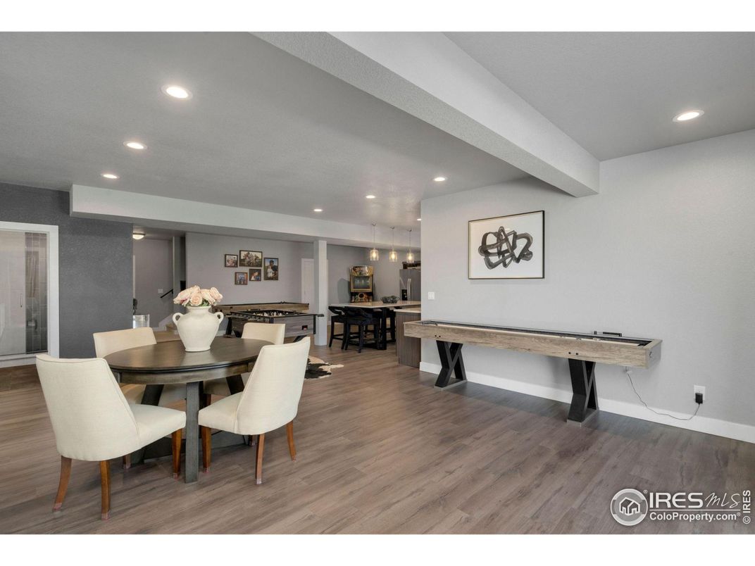 Dining room, Game Room, Interior, Pendant Lights, Recessed Lighting, Wood Texture Flooring