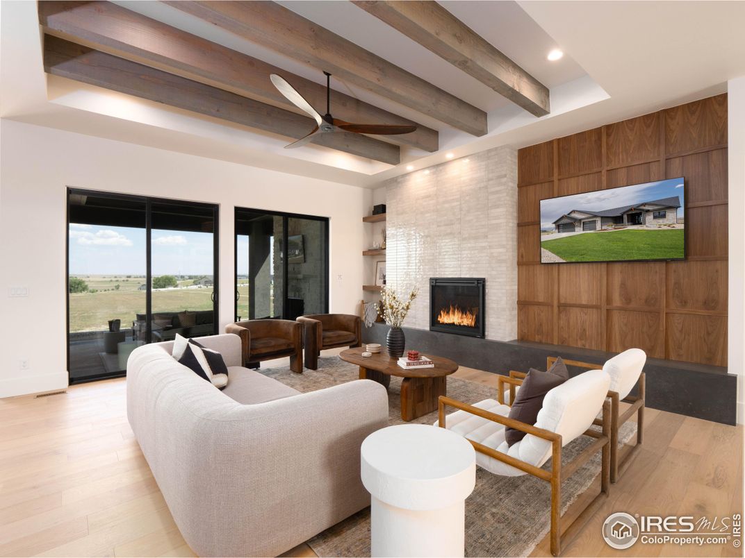 Fireplace, Interior, Living room, Recessed Lighting, Wooden Beams, Wood Texture Flooring, Wooden Walls