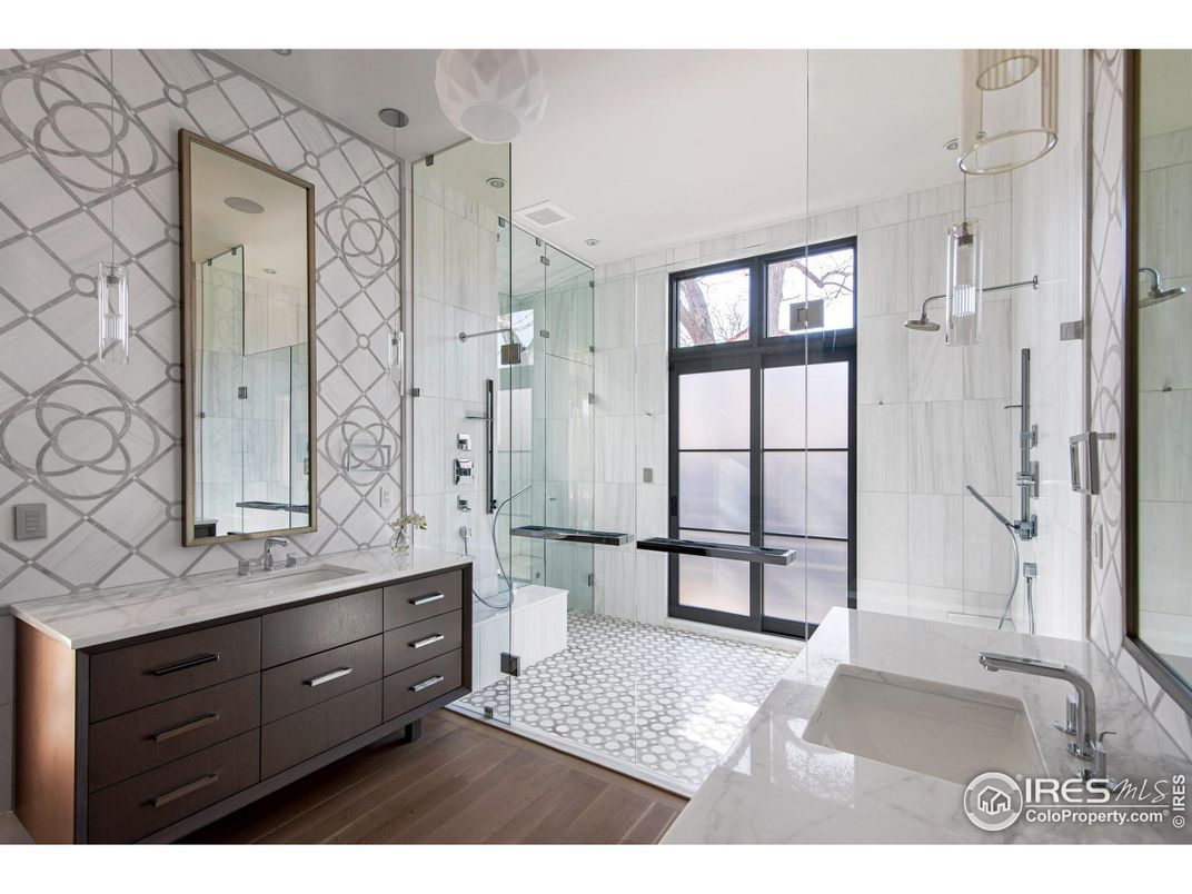 Bathroom, Glass Shower, Interior, Pendant Lights, Recessed Lighting, Wood Texture Flooring