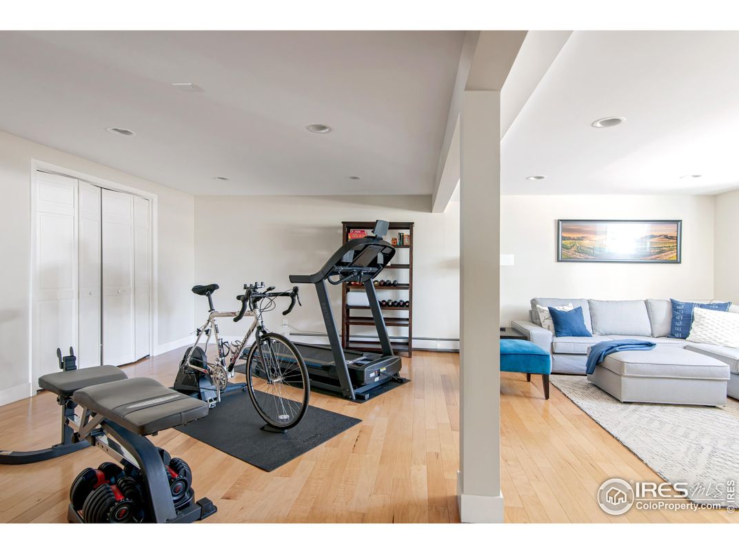 Fitness Equipment, Interior, Living room, Recessed Lighting, Wood Texture Flooring