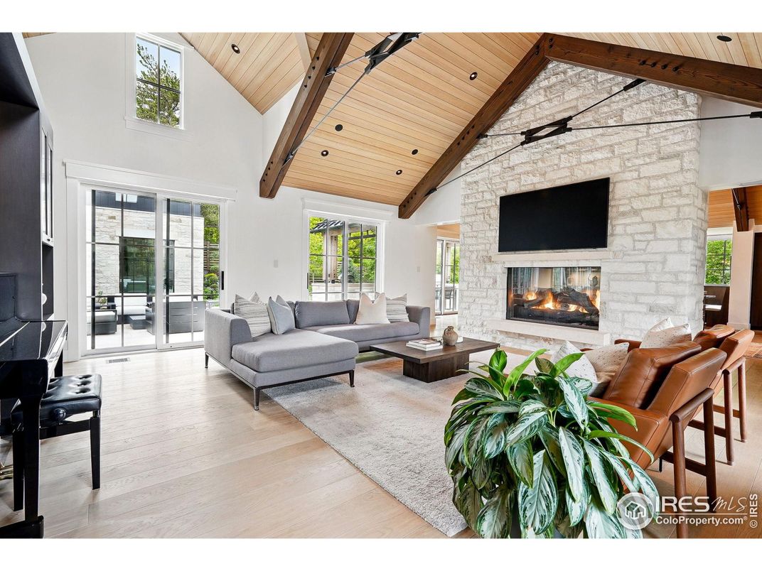 Fireplace, Interior, Living room, Piano, Recessed Lighting, Stone Walls, Wooden Beams, Wooden Ceilings, Wood Texture Flooring