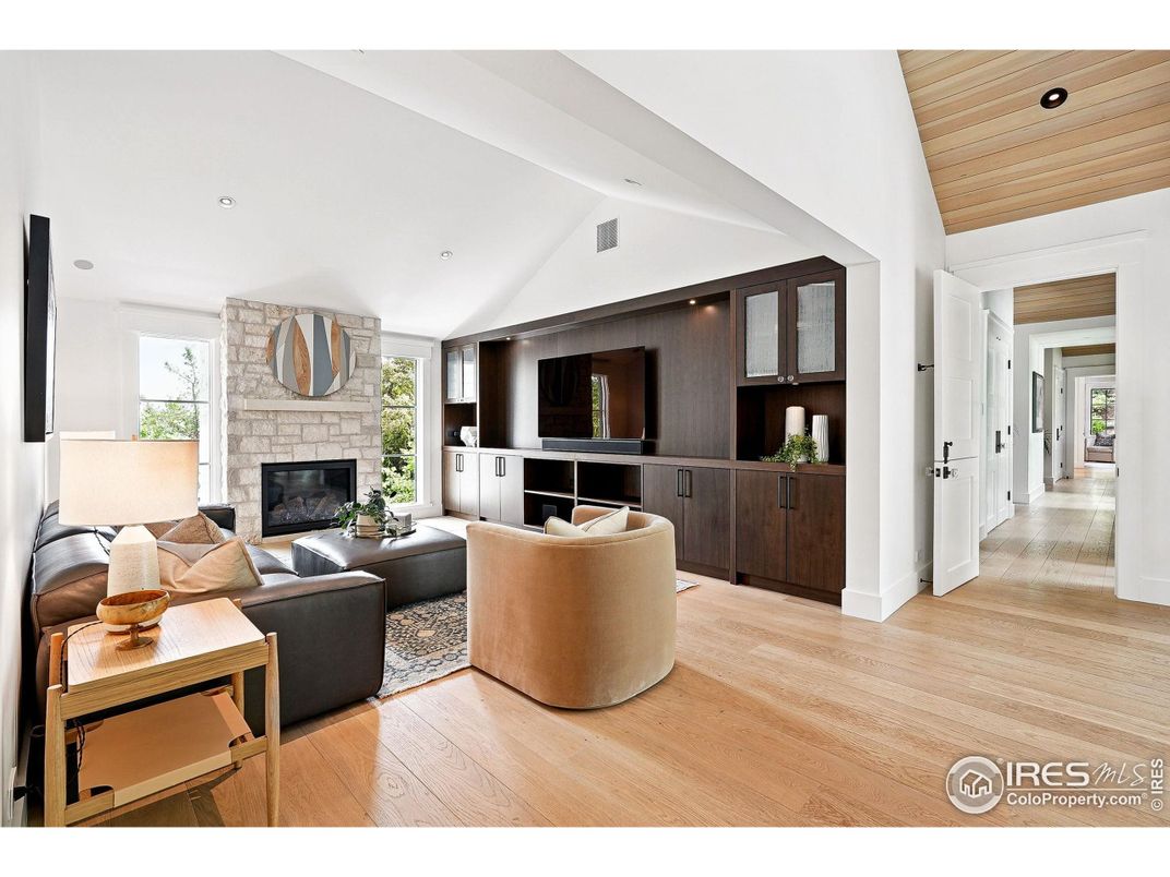 Fireplace, Interior, Living room, Recessed Lighting, Stone Walls, Wooden Ceilings, Wood Texture Flooring