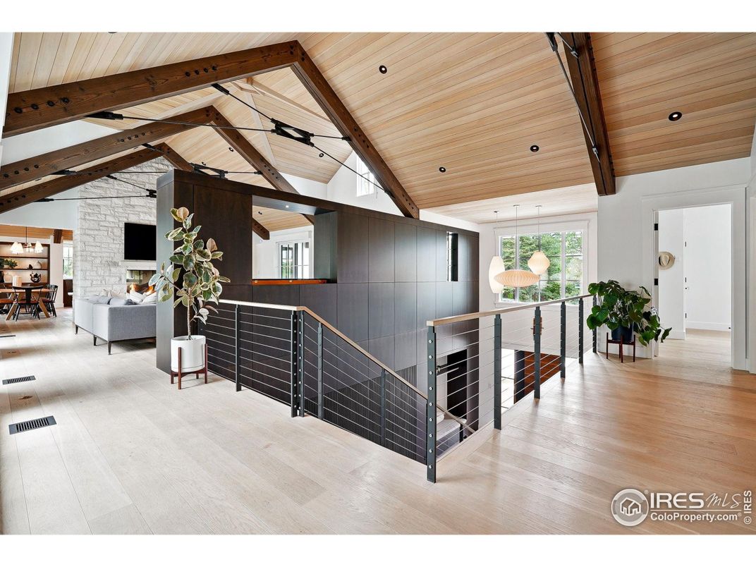 Fireplace, Interior, Recessed Lighting, Stone Walls, Wooden Beams, Wooden Ceilings, Wood Texture Flooring