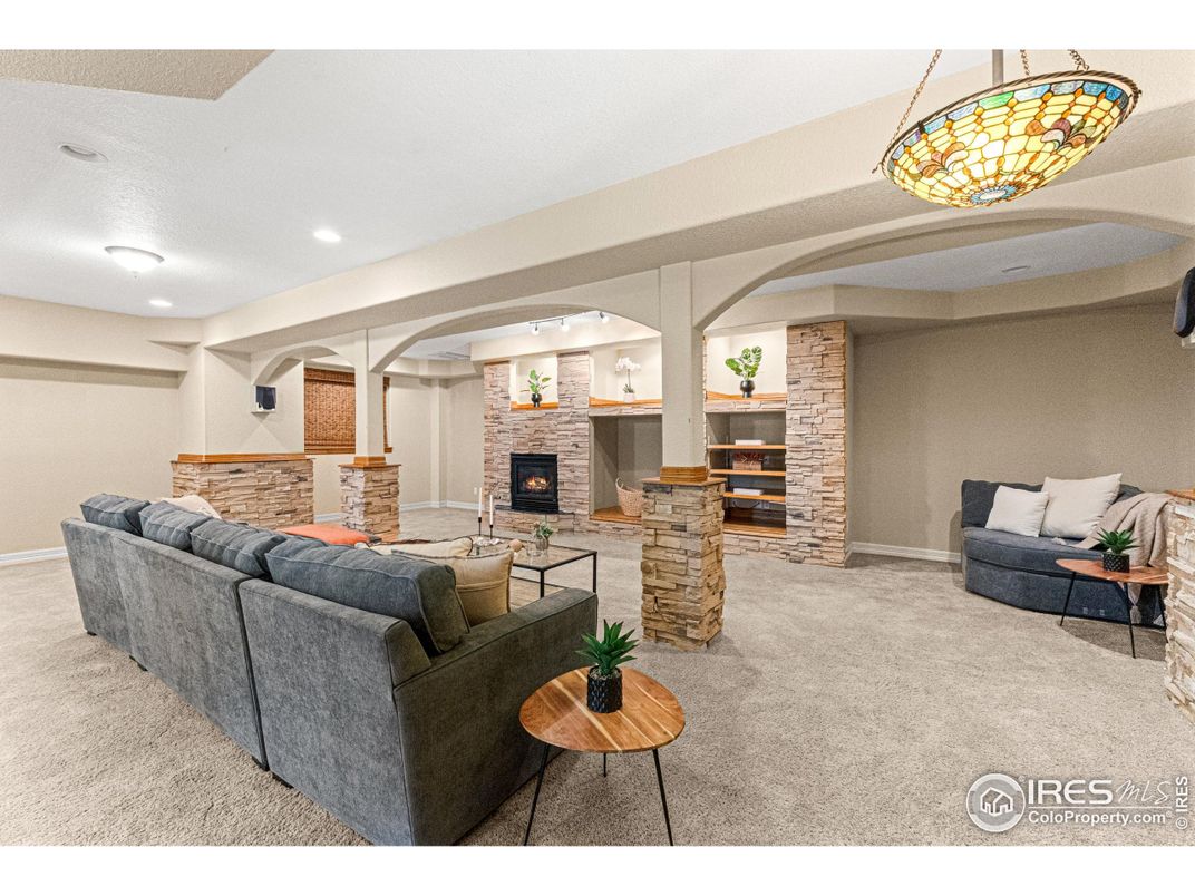 Fireplace, Interior, Living room, Pendant Lights, Recessed Lighting, Stone Walls