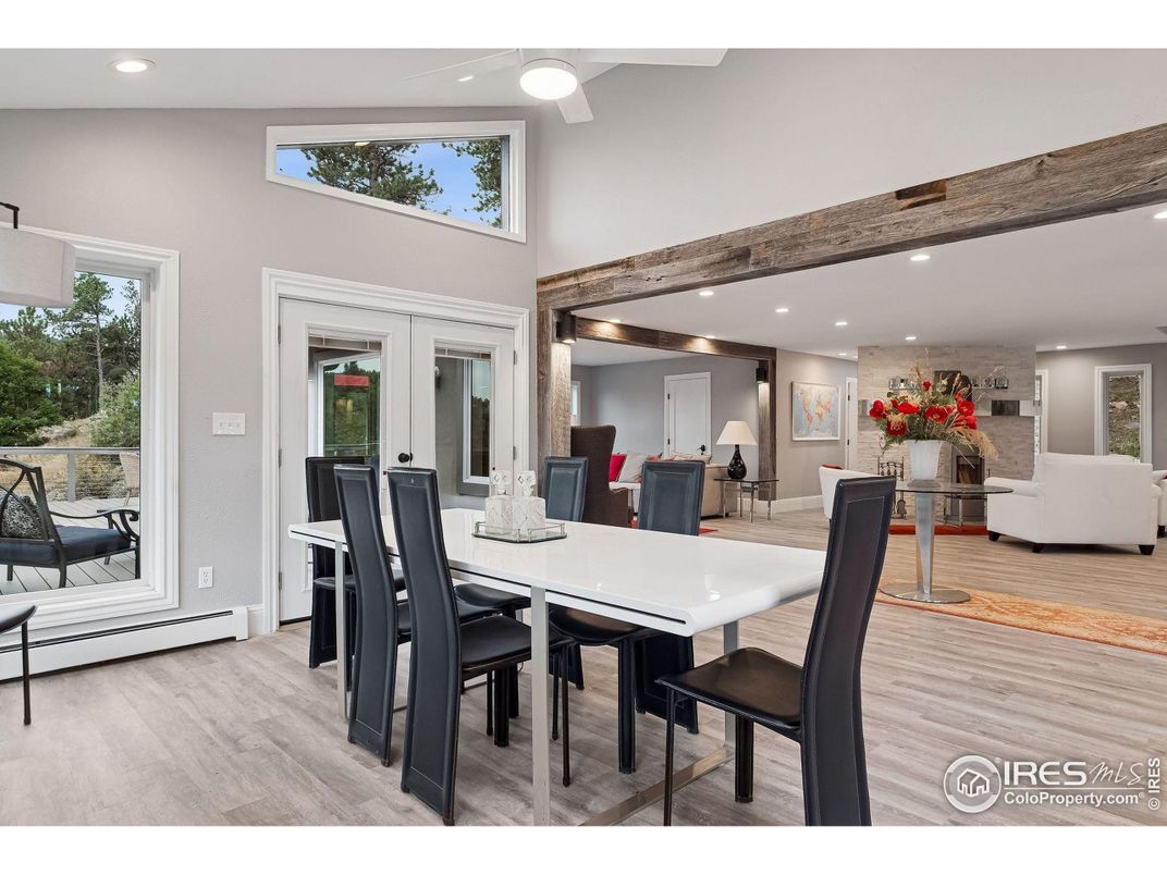 Dining room, Interior, Living room, Recessed Lighting, Wood Texture Flooring