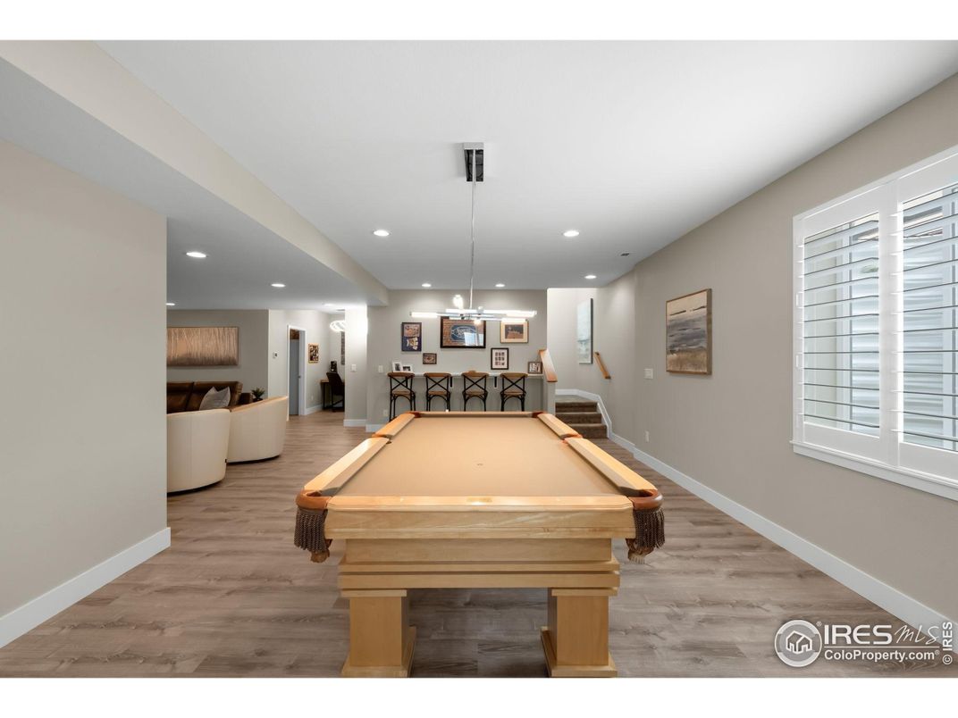 Billiard Table, Game Room, Interior, Pendant Lights, Recessed Lighting, Wood Texture Flooring