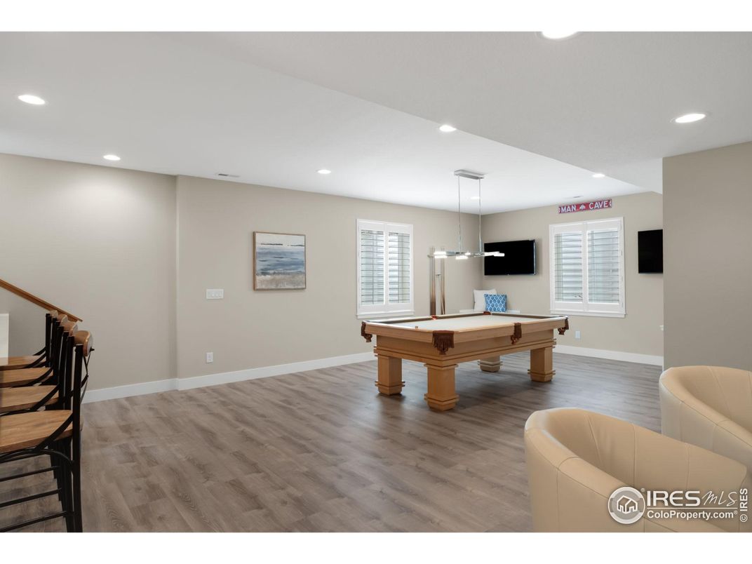 Billiard Table, Game Room, Interior, Pendant Lights, Recessed Lighting, Wood Texture Flooring