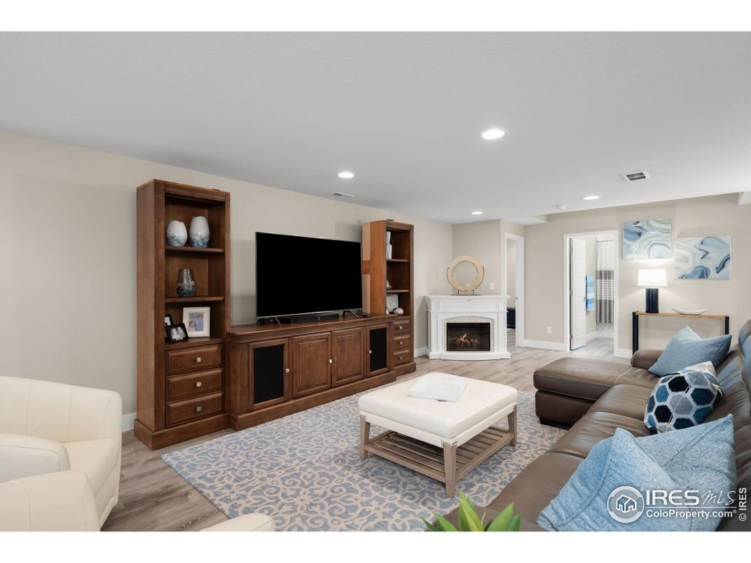Fireplace, Interior, Living room, Recessed Lighting, Wood Texture Flooring