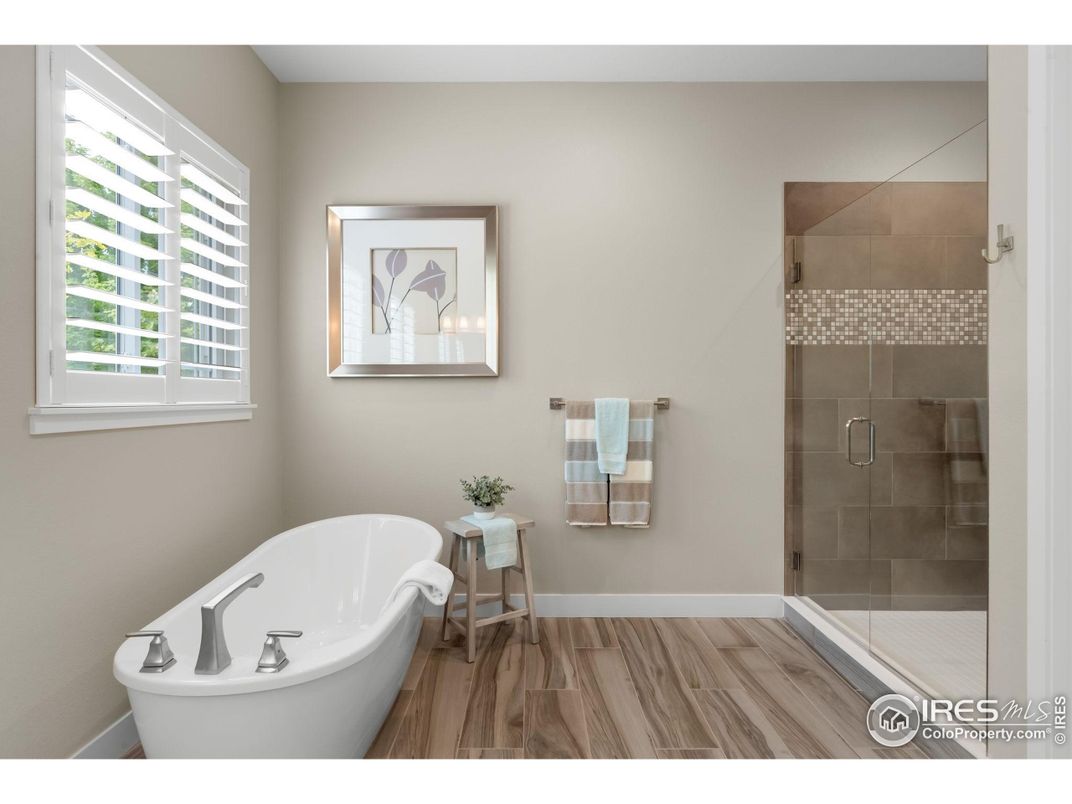 Bathroom, Free Standing Baths, Glass Shower, Interior, Wood Texture Flooring