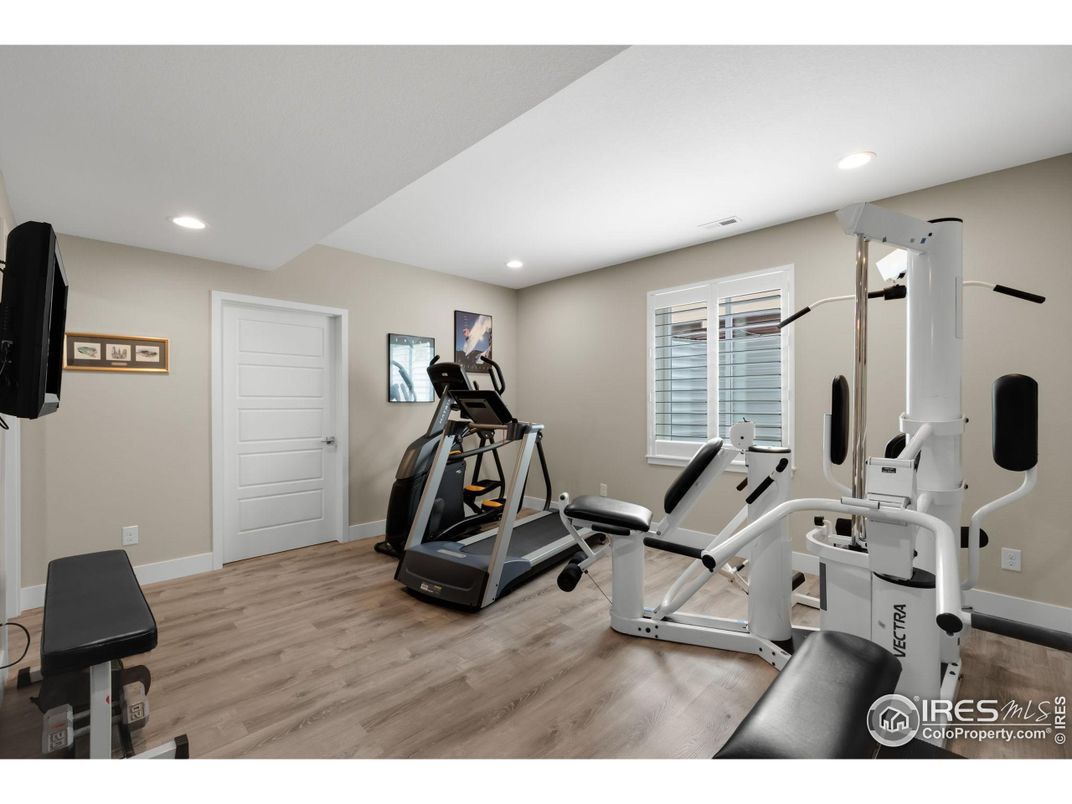 Fitness Equipment, Gym, Interior, Recessed Lighting, Wood Texture Flooring