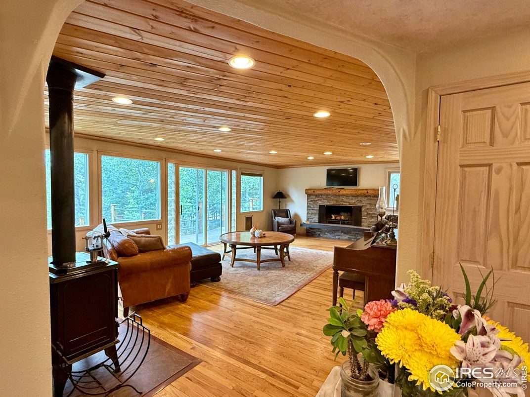 Fireplace, Interior, Living room, Recessed Lighting, Wooden Ceilings, Wood Texture Flooring