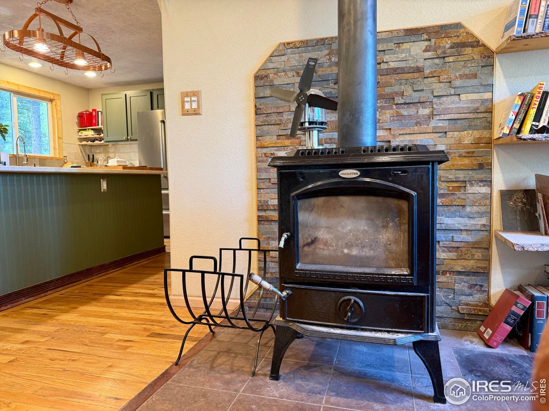 Fireplace, Interior, Kitchen, Pendant Lights, Stone Walls, Wood Texture Flooring