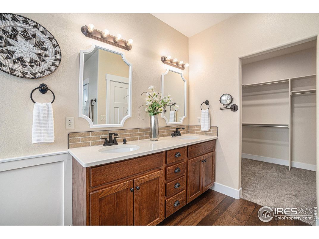 Bathroom, Dual Sink Vanities, Interior, Walk-in Closets, Wood Texture Flooring