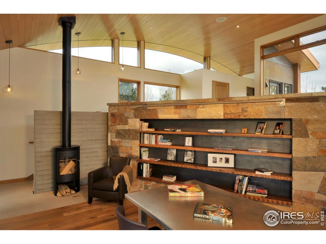 Fireplace, Interior, Pendant Lights, Recessed Lighting, Stone Walls, Wooden Ceilings, Wood Texture Flooring