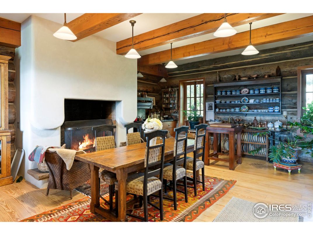 Dining room, Fireplace, Interior, Pendant Lights, Wooden Beams, Wood Texture Flooring