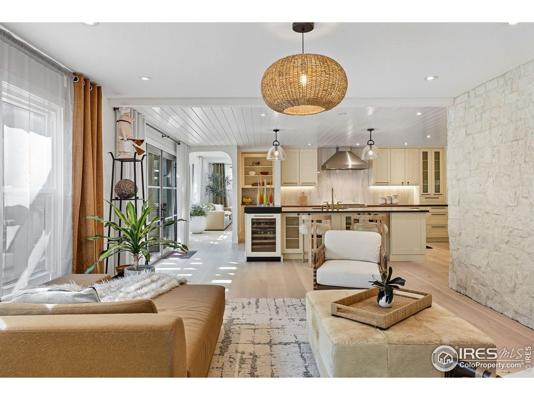 Interior, Kitchen, Living room, Pendant Lights, Recessed Lighting, Stainless Steel Appliances, Stone Walls, Wood Texture Flooring