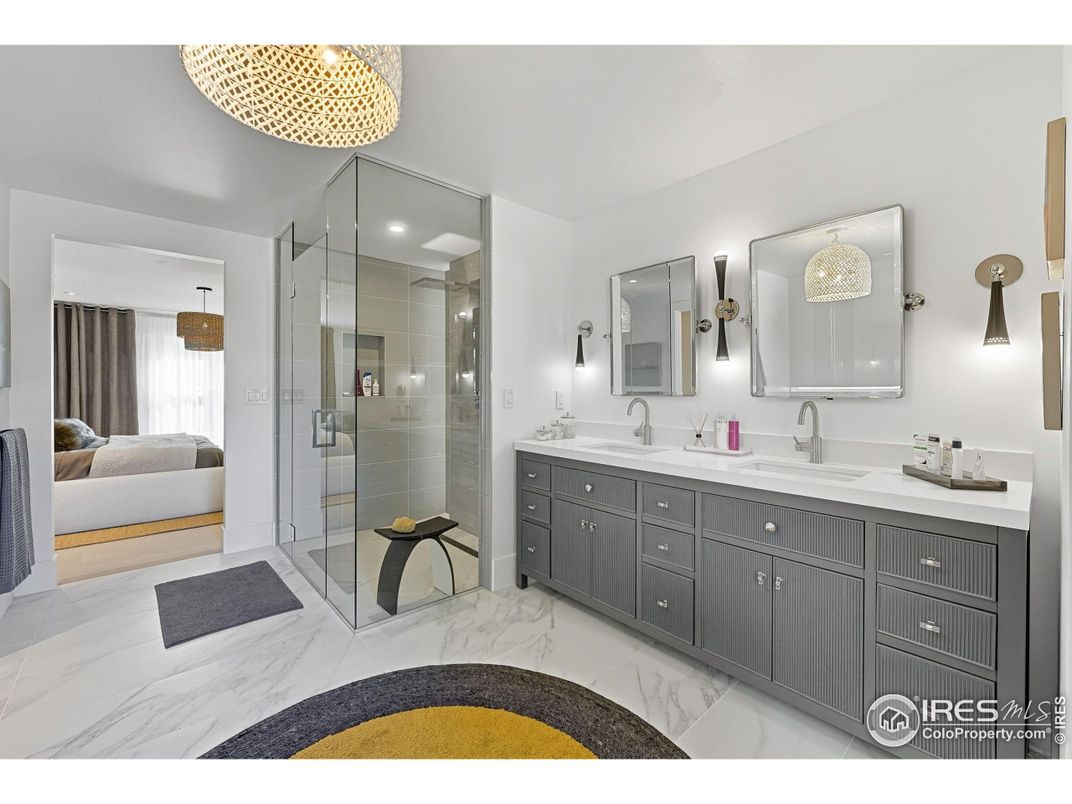 Bathroom, Dual Sink Vanities, Glass Shower, Interior, Marble, Recessed Lighting