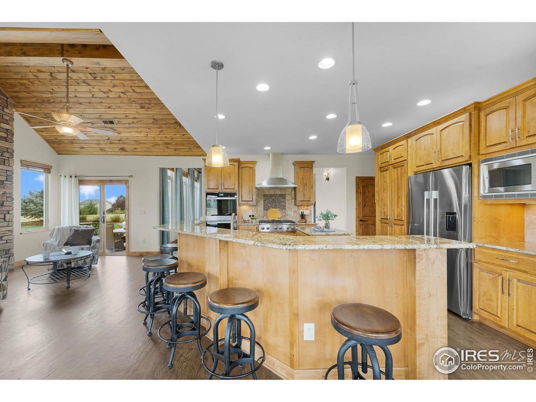 Interior, Kitchen, Pendant Lights, Recessed Lighting, Stainless Steel Appliances, Wooden Ceilings, Wood Texture Flooring