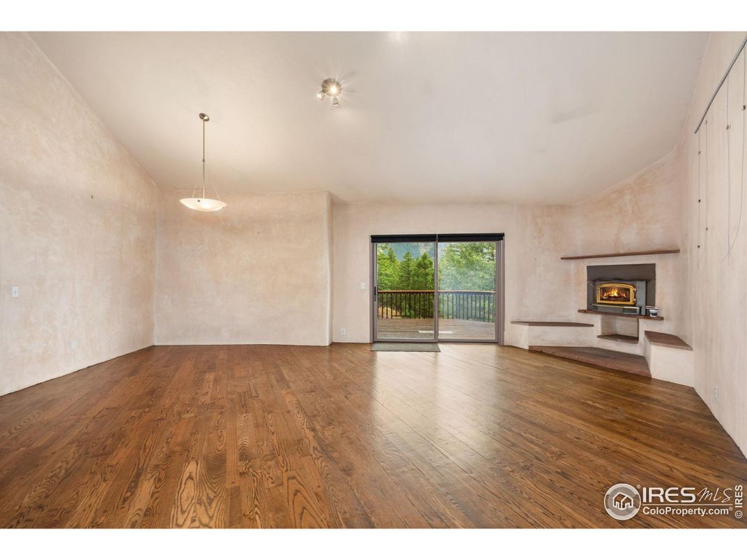 Empty room, Fireplace, Interior, Pendant Lights, Wood Texture Flooring