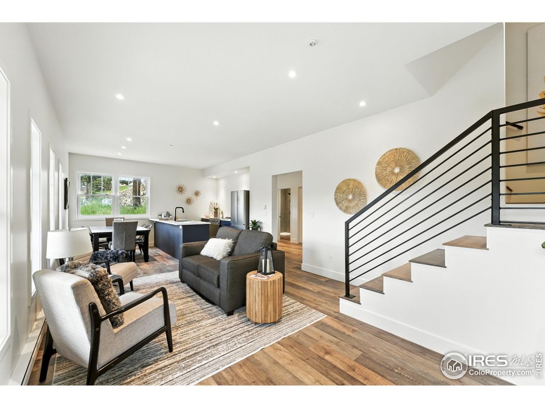 Dining room, Interior, Living room, Recessed Lighting, Wood Texture Flooring