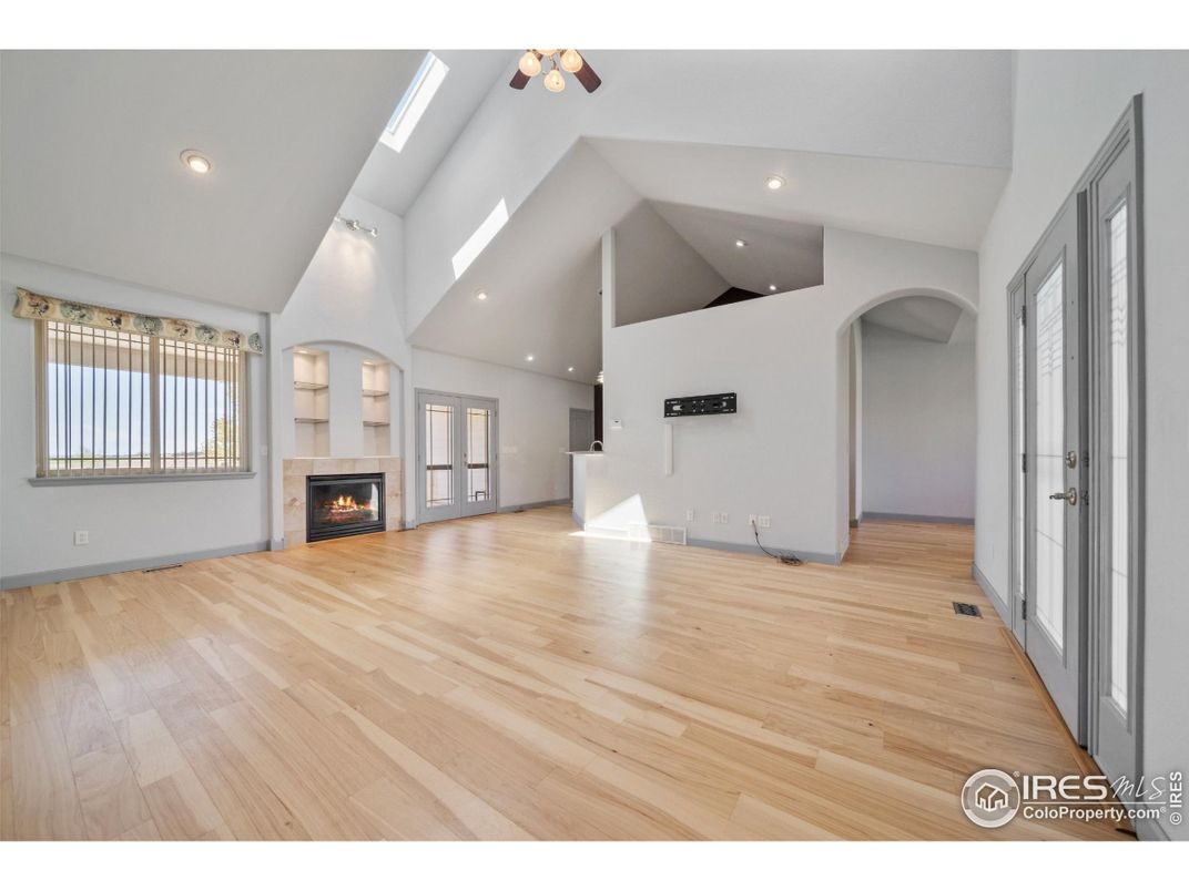 Empty room, Fireplace, Interior, Recessed Lighting, Wood Texture Flooring