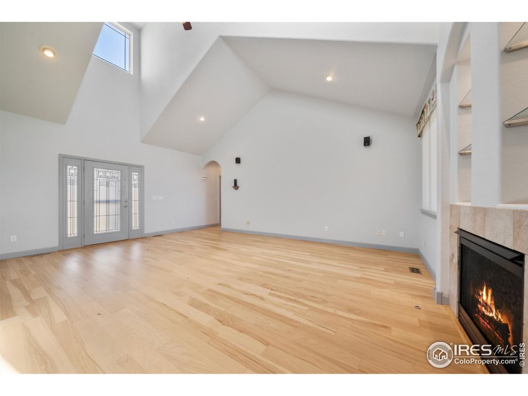Empty room, Fireplace, Interior, Recessed Lighting, Wood Texture Flooring