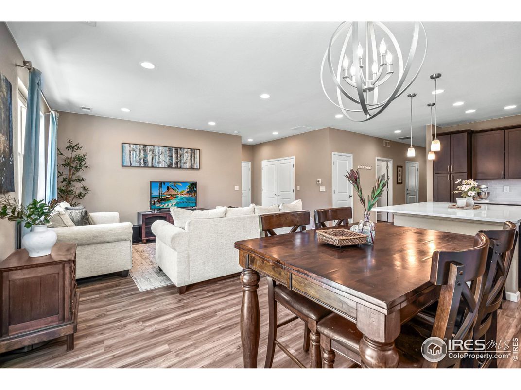 Dining room, Interior, Living room, Pendant Lights, Recessed Lighting, Wood Texture Flooring
