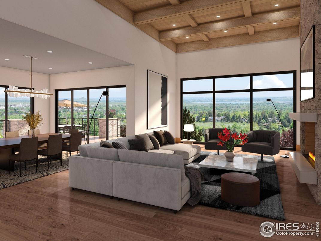 Dining room, Fireplace, Interior, Living room, Pendant Lights, Recessed Lighting, Water, Wooden Beams, Wooden Ceilings, Wood Texture Flooring