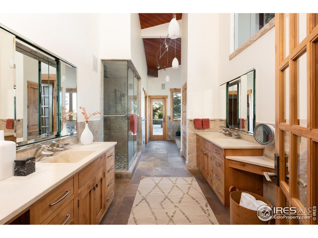 Bathroom, Dual Sink Vanities, Glass Shower, Interior, Wooden Ceilings