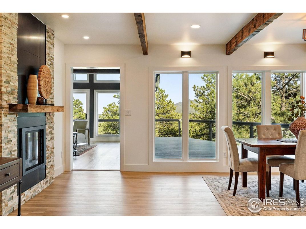 Dining room, Fireplace, Interior, Recessed Lighting, Stone Walls, Wooden Beams, Wood Texture Flooring