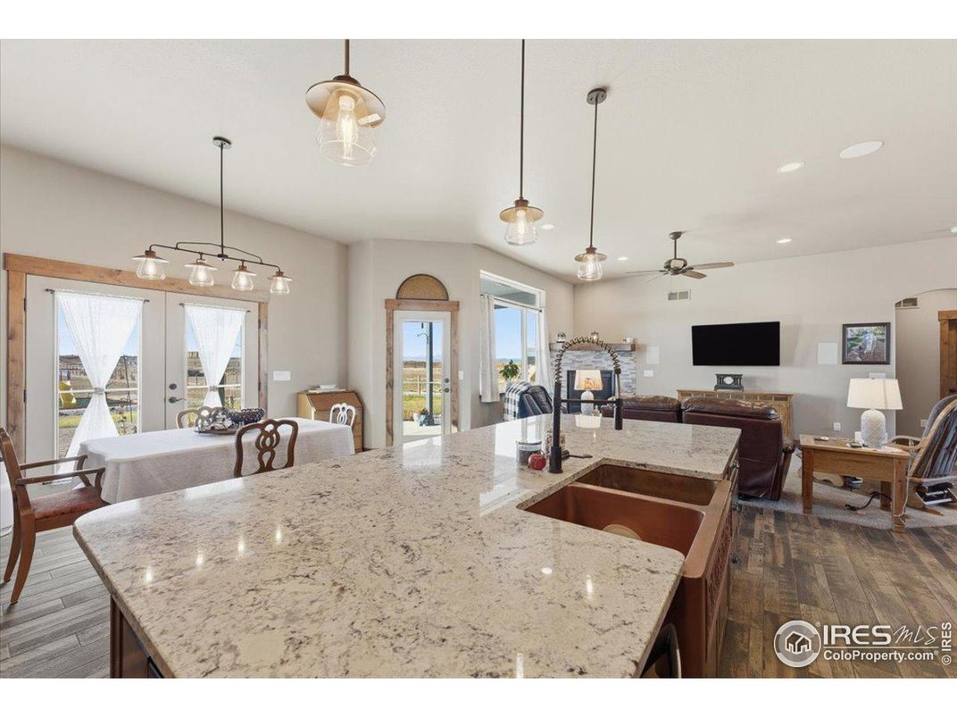 Dining room, Interior, Living room, Pendant Lights, Recessed Lighting, Wood Texture Flooring