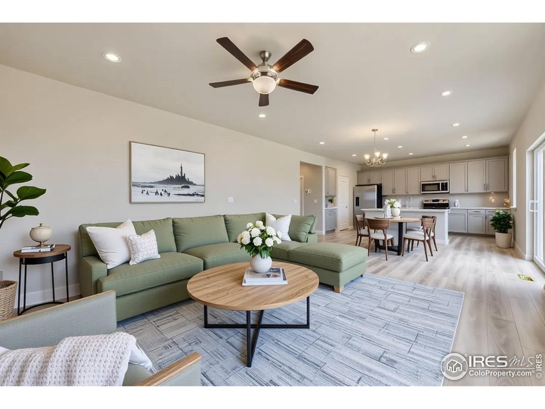 Chandelier, Dining room, Interior, Kitchen, Living room, Pendant Lights, Recessed Lighting, Stainless Steel Appliances, Wood Texture Flooring