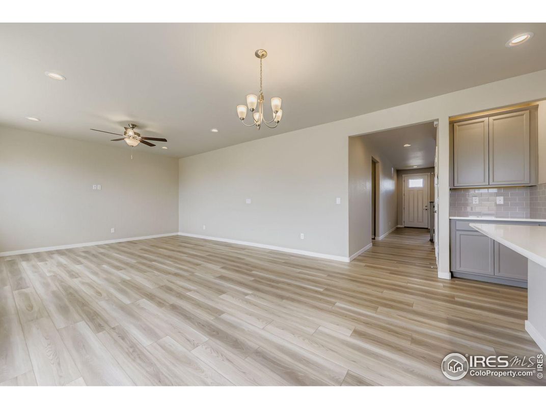 Chandelier, Empty room, Interior, Recessed Lighting, Wood Texture Flooring