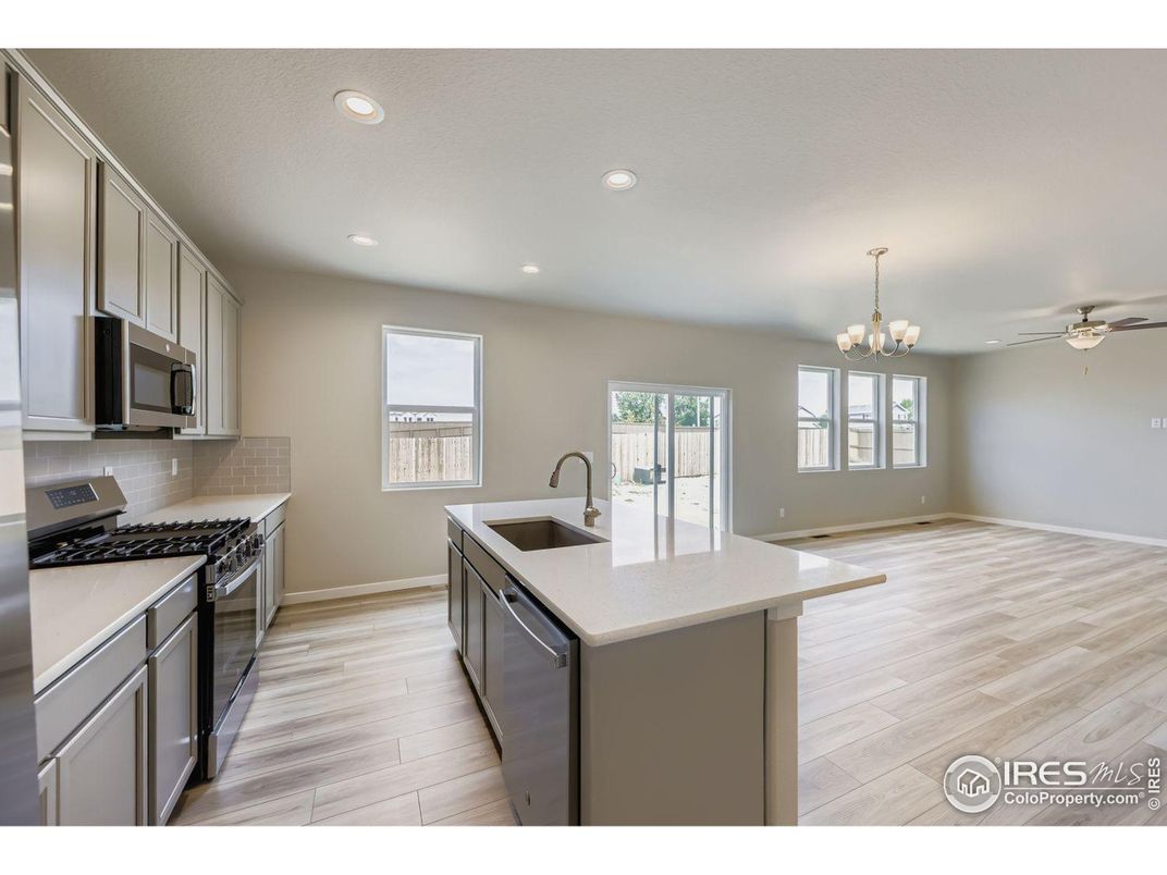 Chandelier, Interior, Kitchen, Recessed Lighting, Wood Texture Flooring