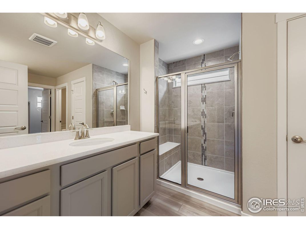 Bathroom, Glass Shower, Interior, Recessed Lighting, Wood Texture Flooring