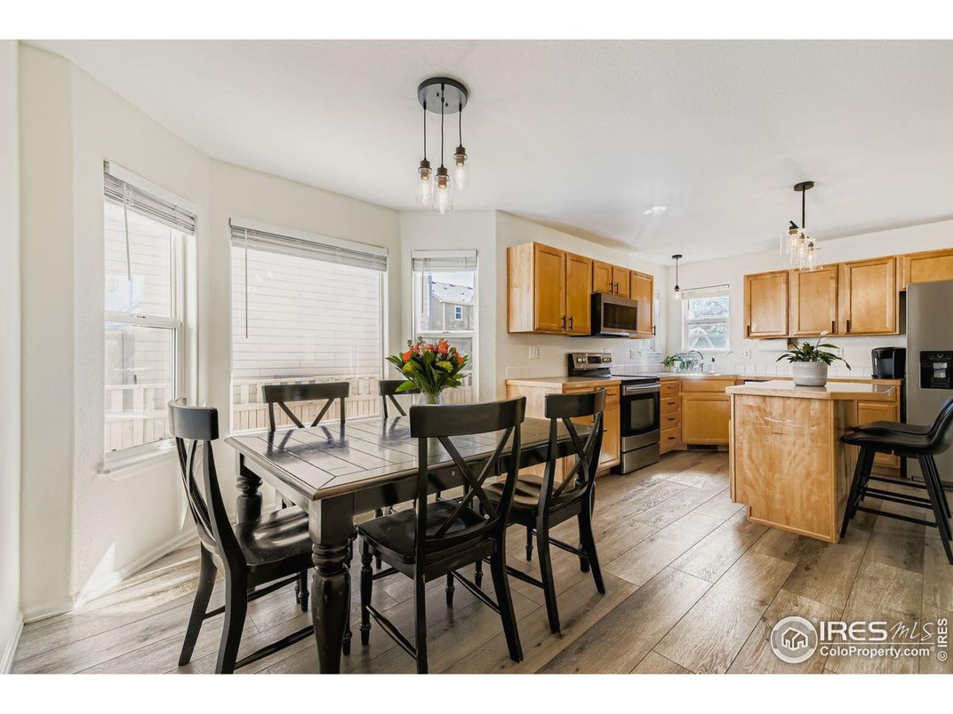 Dining room, Interior, Kitchen, Pendant Lights, Wood Texture Flooring