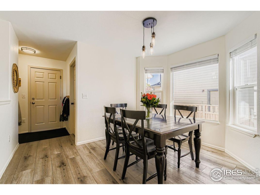 Dining room, Interior, Pendant Lights, Wood Texture Flooring