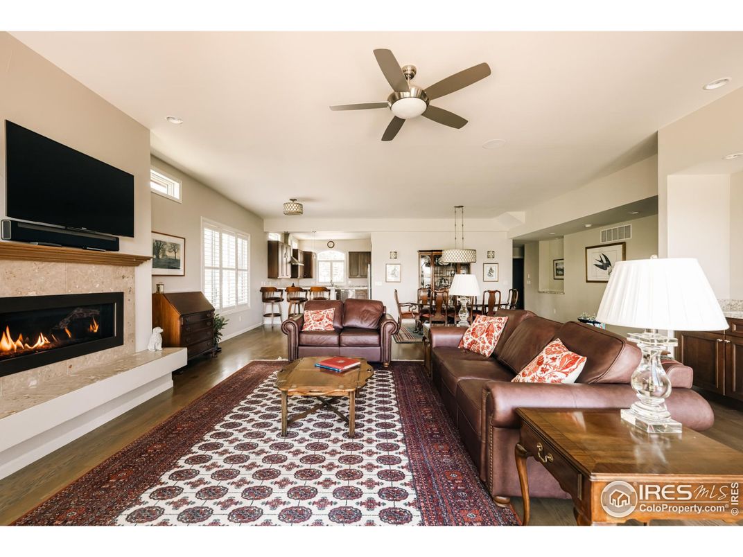 Dining room, Fireplace, Interior, Kitchen, Living room, Pendant Lights, Recessed Lighting, Wood Texture Flooring