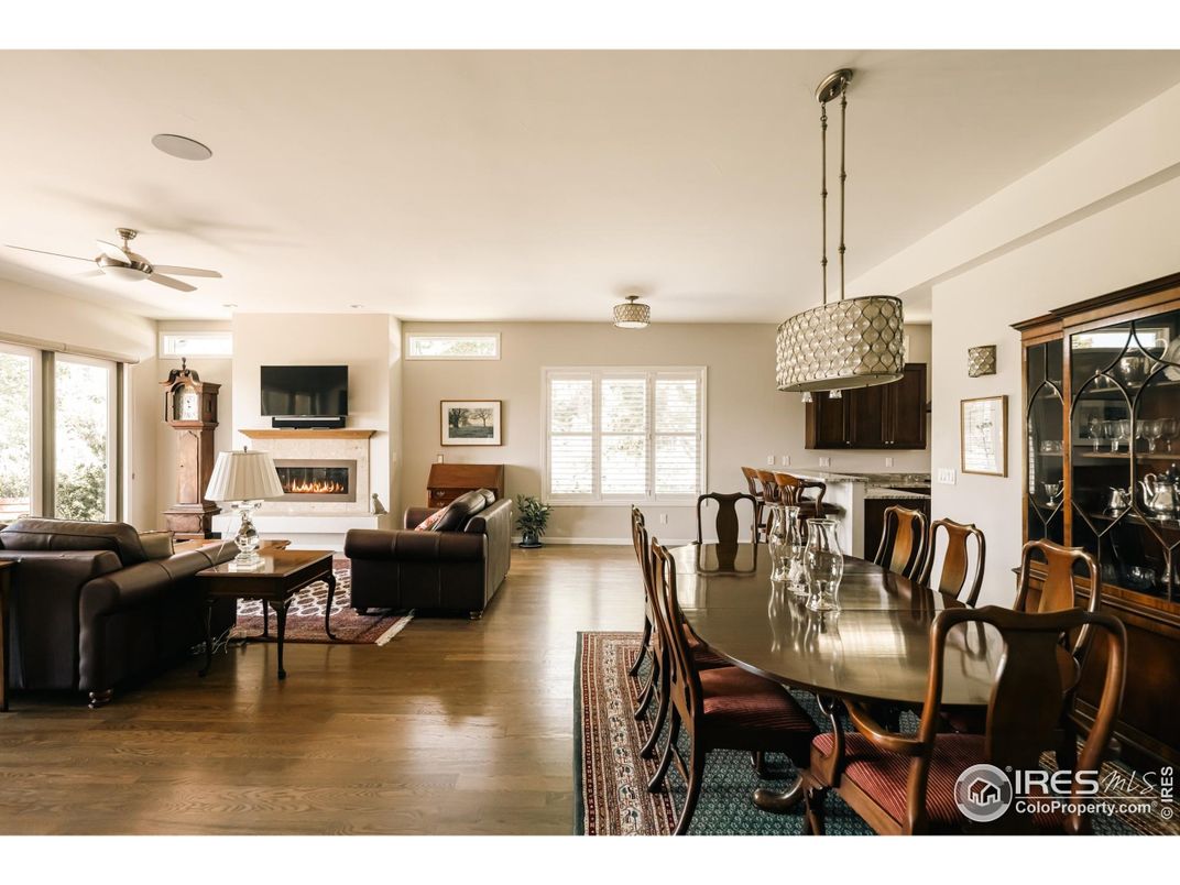 Dining room, Fireplace, Interior, Living room, Pendant Lights, Wood Texture Flooring